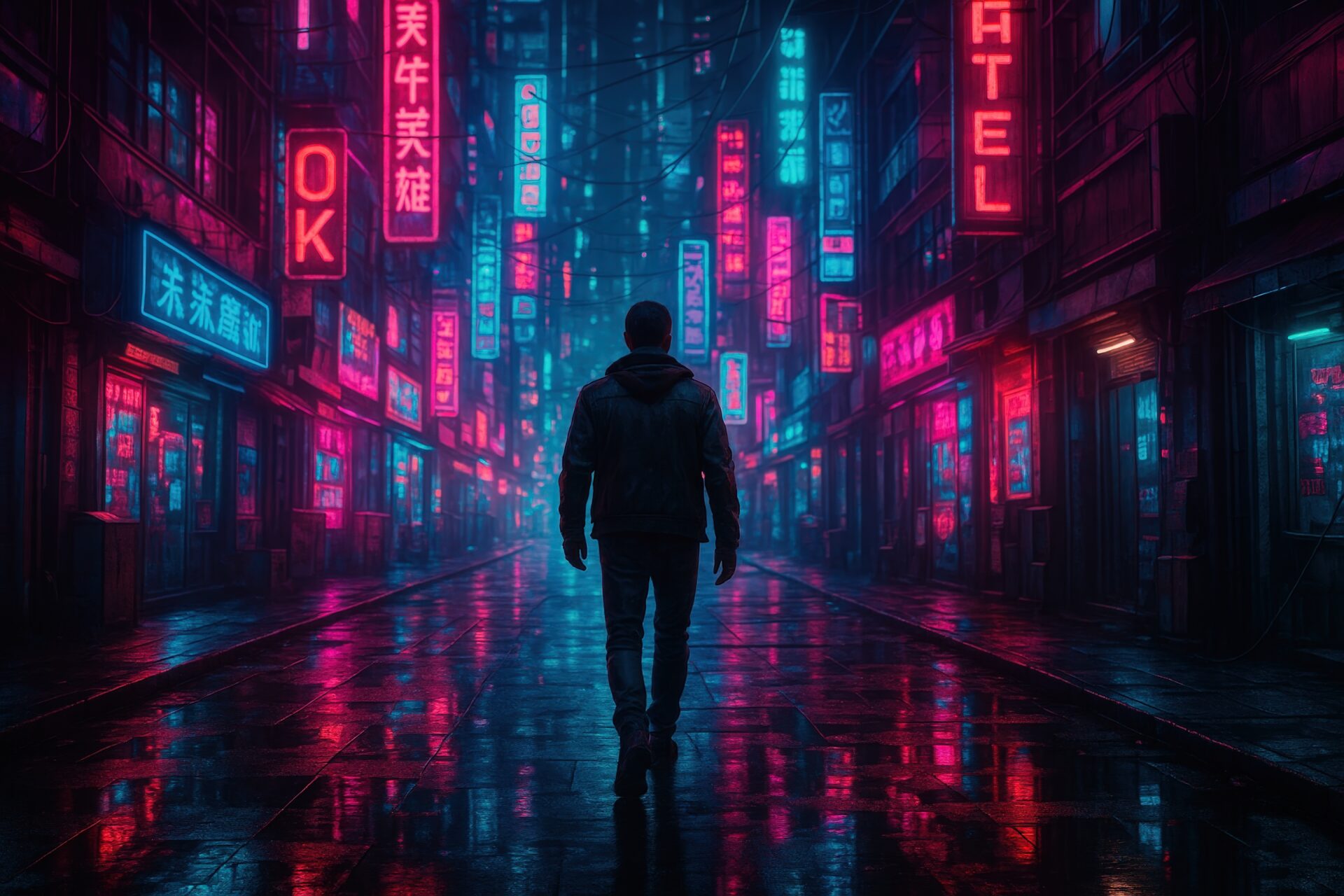 背中を見せる人物とネオンに囲まれたサイバーパンク都市