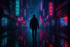 ネオンに照らされた都市を歩くフード姿の人物