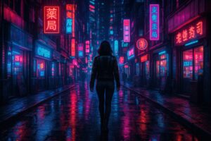 夜のネオン街を進む革ジャン姿の女性の後ろ姿