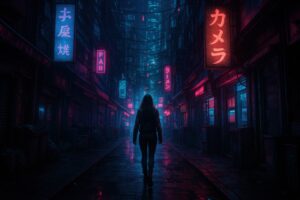 ネオン看板が立ち並ぶ路地を歩くサイバーパンク風の女性の後ろ姿