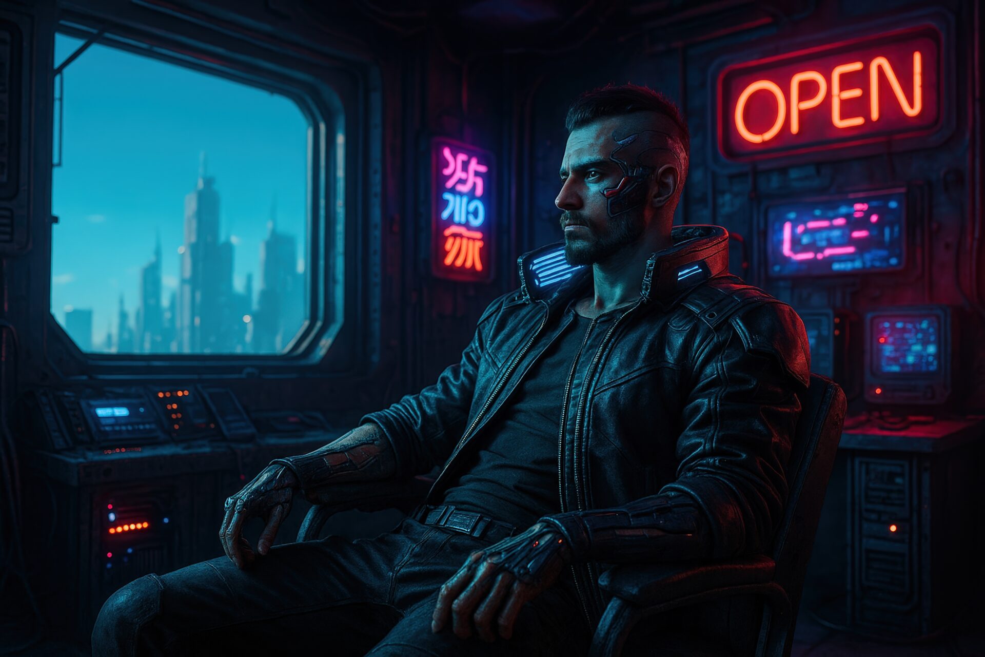 ネオン室内で椅子に座るサイバーパンクな男性