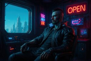 ネオン室内で椅子に座るサイバーパンクな男性