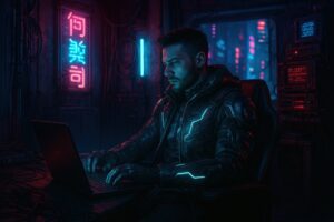 ネオンの部屋でノートパソコンを操作する男性