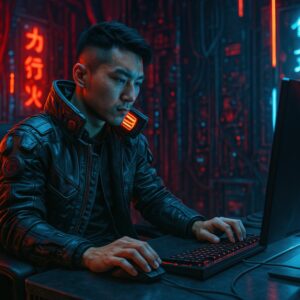 未来的な端末に向かうサイバーパンクな男性