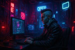 サイバー装飾を施した男性がモニター操作中の様子