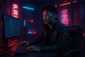 革ジャン姿の男性がモニターに集中するサイバーパンクな室内