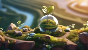 ガラスに囲まれた芽と自然の風景