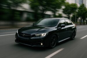 市街地を走る黒いセダンタイプの車