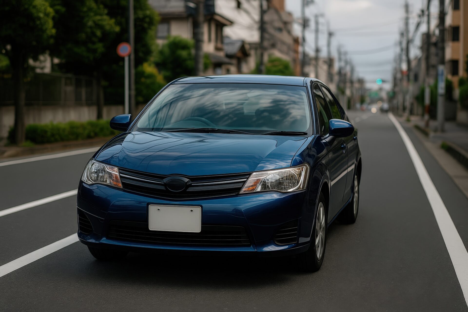 住宅街の道路を走る青いコンパクトセダン
