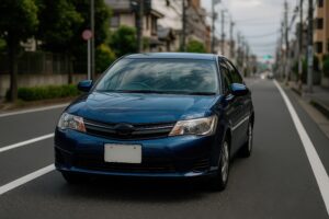 住宅街の道路を走る青いコンパクトセダン