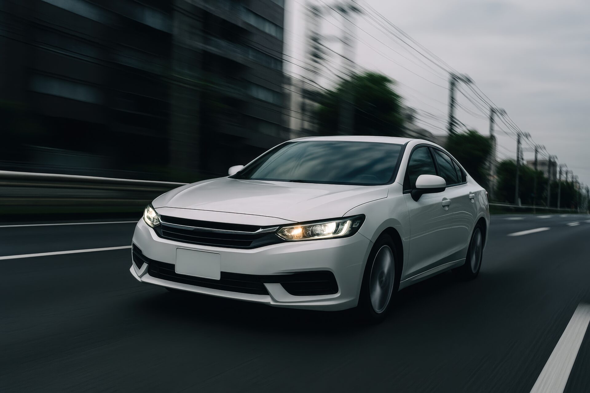 曇天の道路を走行する白いセダン