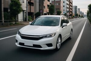 街中を走る白の乗用車