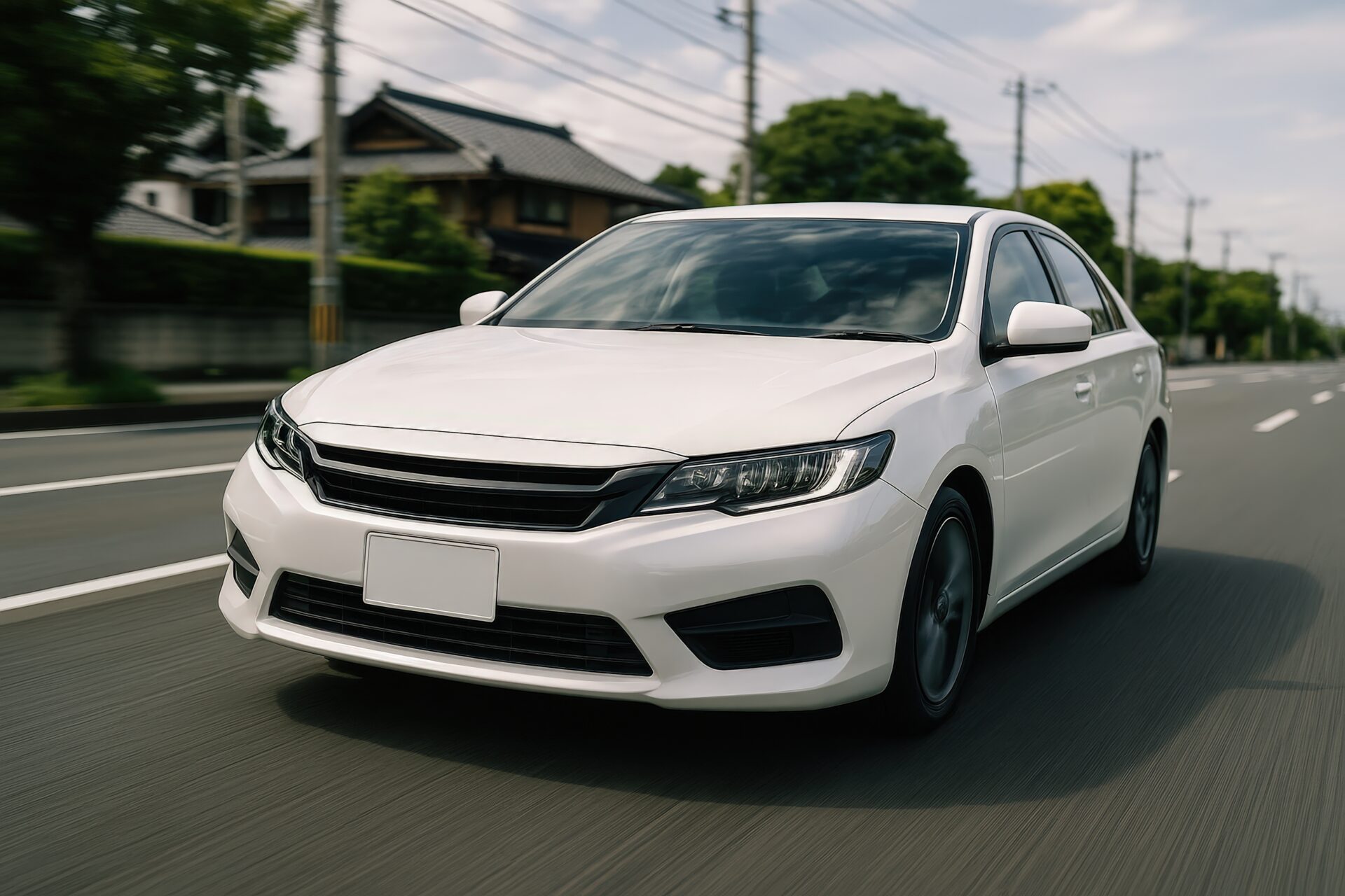 晴れた道路を走る白い自動車