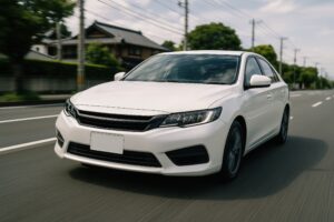 晴れた道路を走る白い自動車