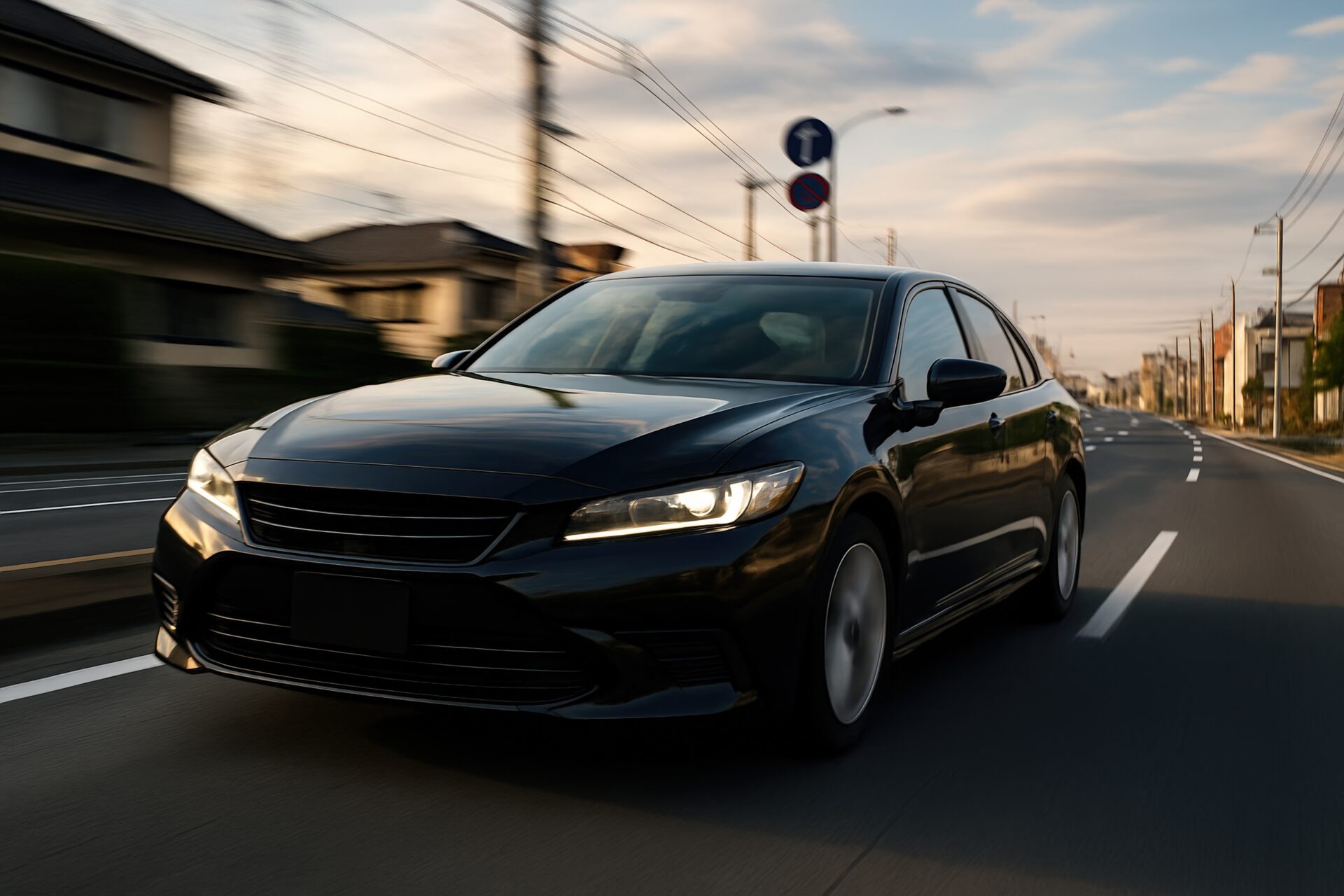 夕方の街道を走る黒いセダン車