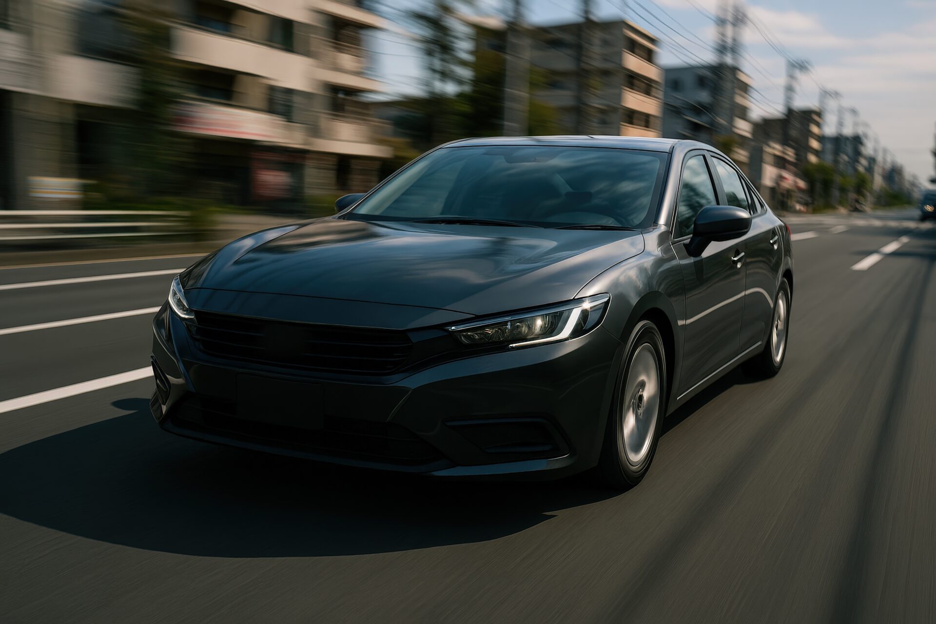 郊外の道路を走るグレーのセダン車