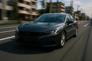 郊外の道路を走るグレーのセダン車