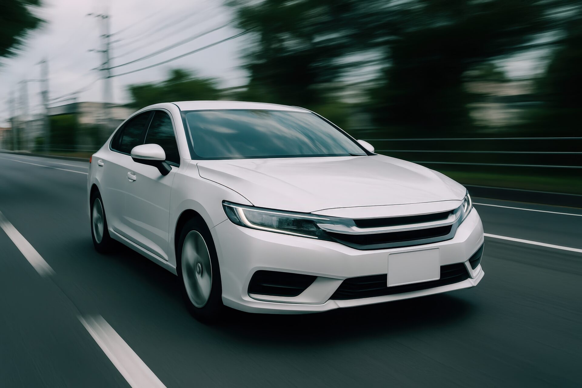 曇り空の道路を走行する白い乗用車