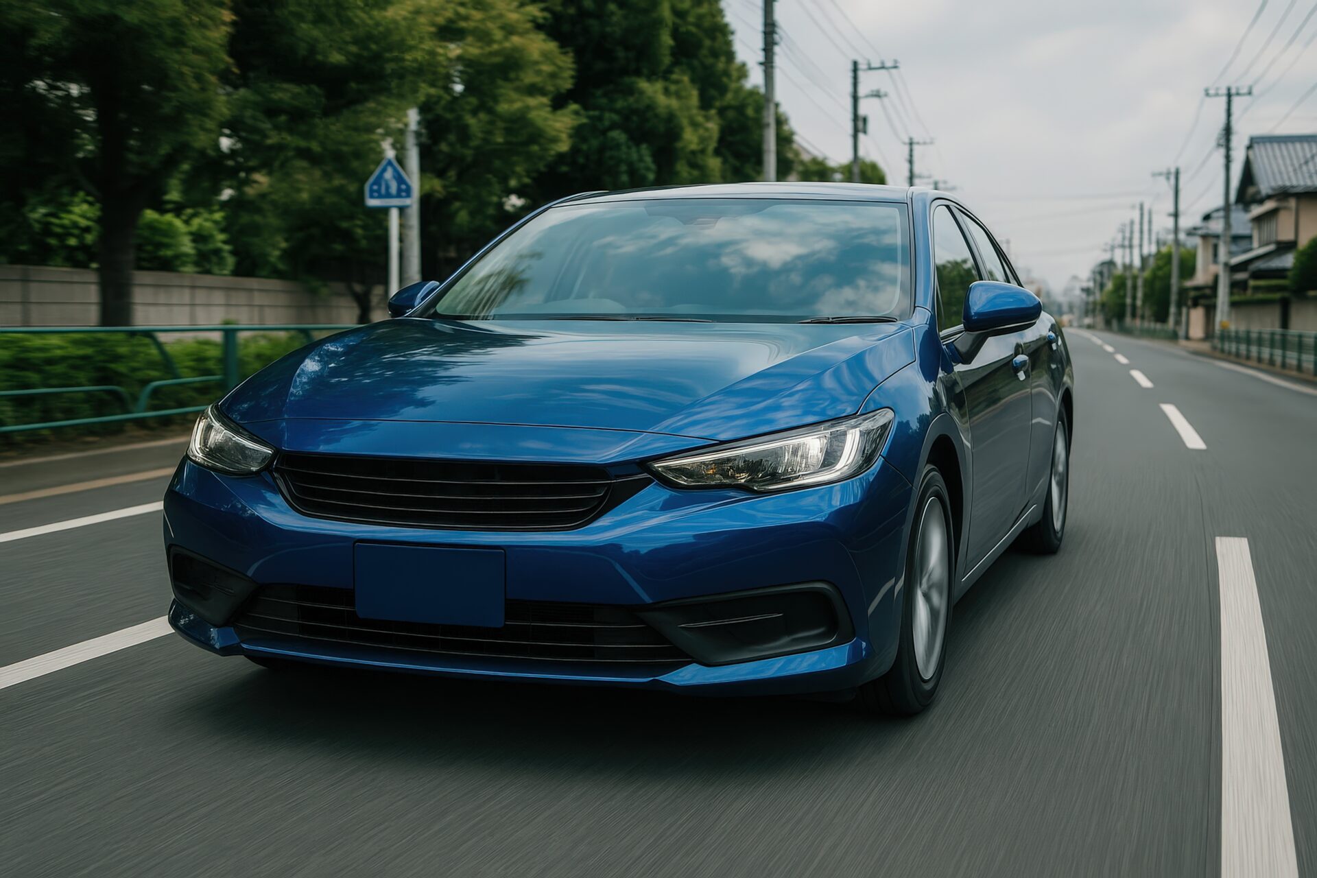 住宅街を走る青いコンパクトセダン