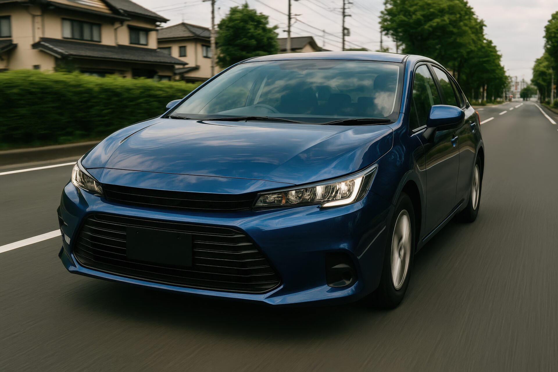 並木道を走行するブルーの乗用車