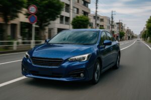 市街地を走る青い乗用車
