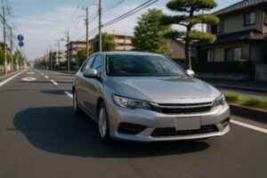 晴れた日中に郊外道路を走るシルバーのセダン