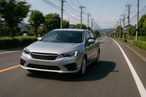 郊外の道路を走るシルバーの乗用車