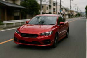住宅街を走行する赤いスポーツセダン