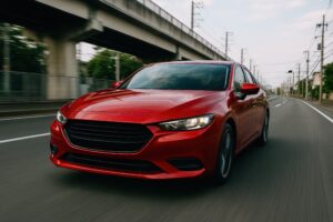 高架下を通過する赤いセダン