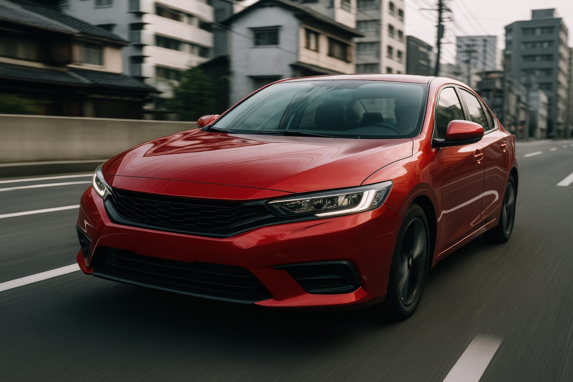 街中を走る赤い近代的な乗用車