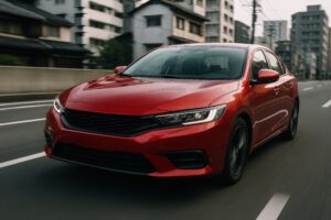 街中を走る赤い近代的な乗用車