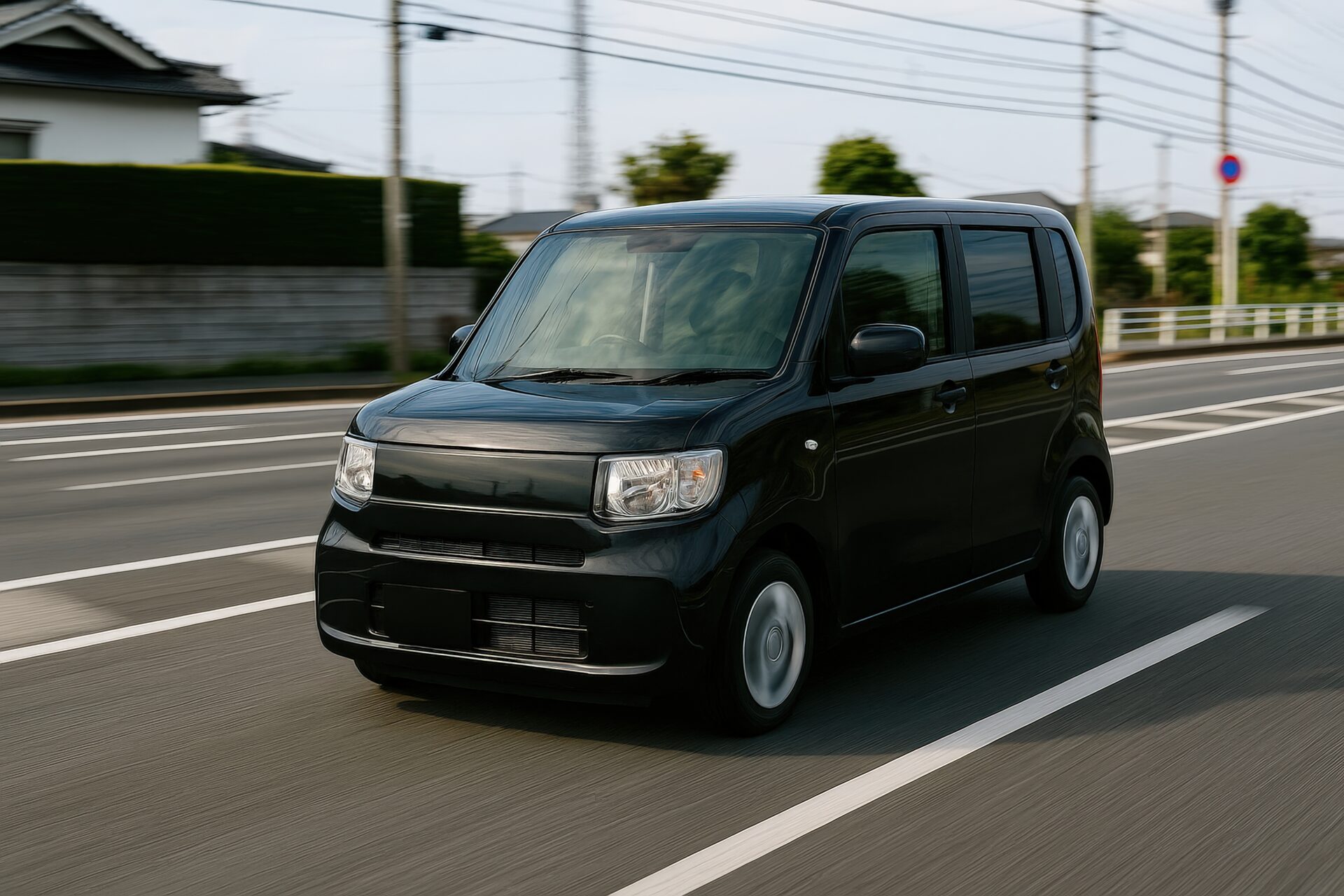 道路を走る黒のコンパクトな軽自動車