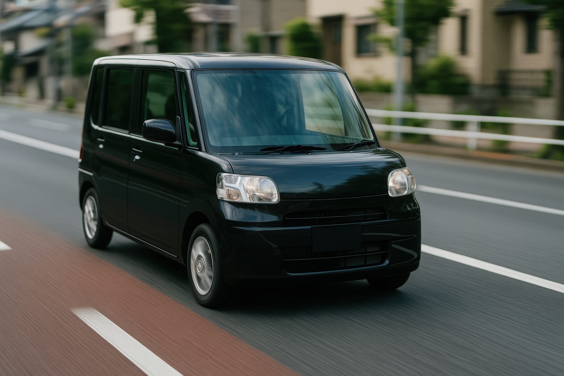 市街地を走行する黒のボックス型軽自動車