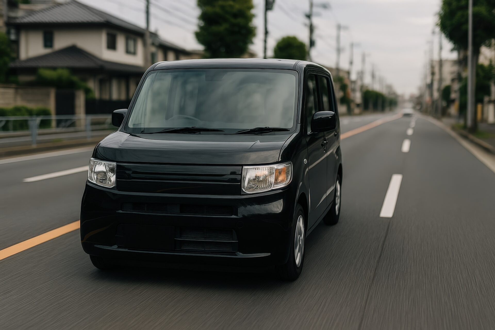 住宅街の道路を走る黒の軽自動車