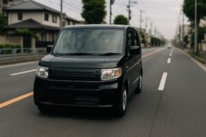 住宅街の道路を走る黒の軽自動車