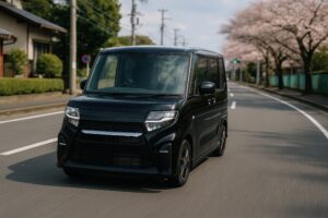 桜並木の道を走行する現代的な黒の軽自動車