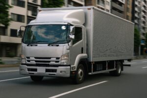 都市部を走行するシルバーの中型トラック