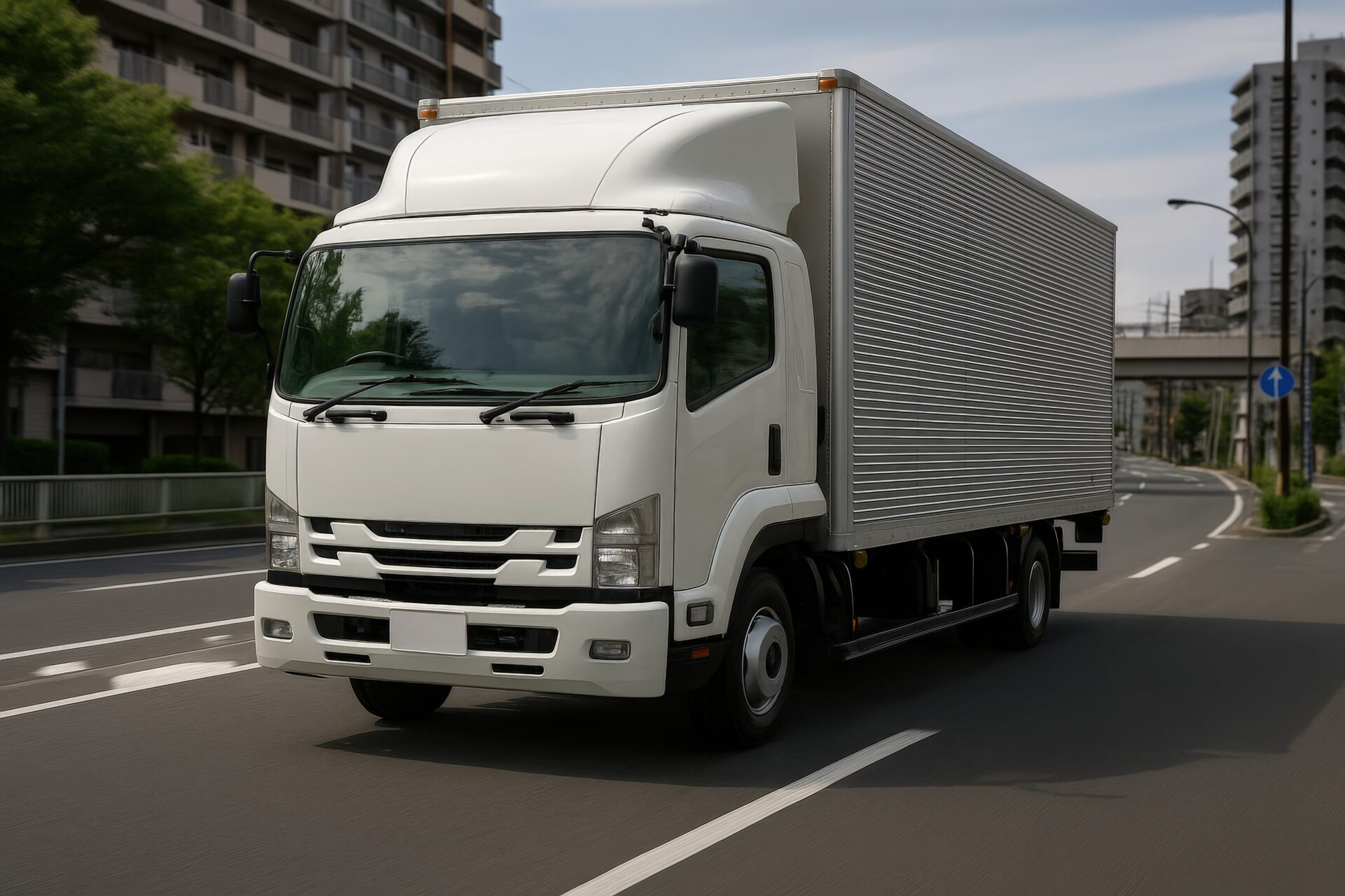 住宅街を走る白い中型トラック