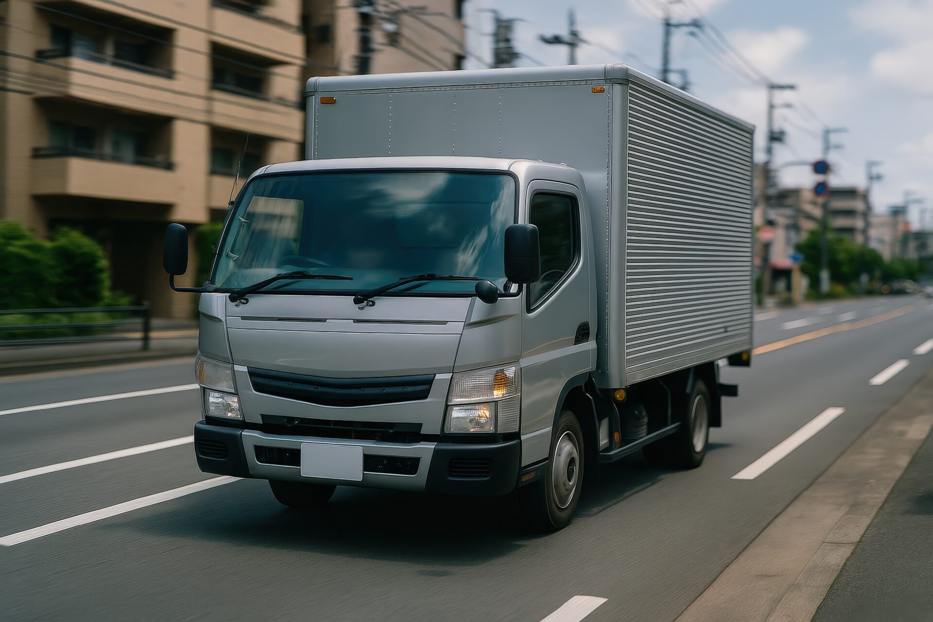 街中を走るシルバーの商用トラック