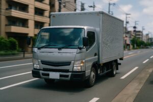 街中を走るシルバーの商用トラック