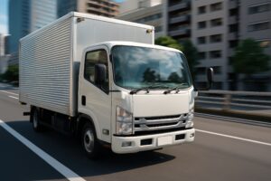 高層ビル街を走行する白い中型トラック
