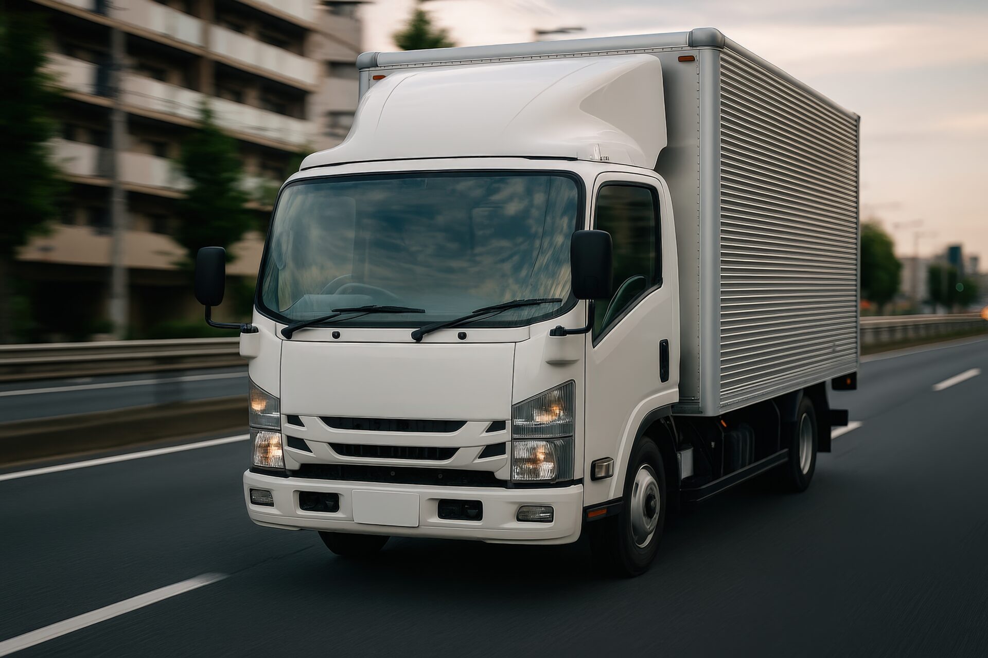 夕暮れ時に走る白い中型トラック