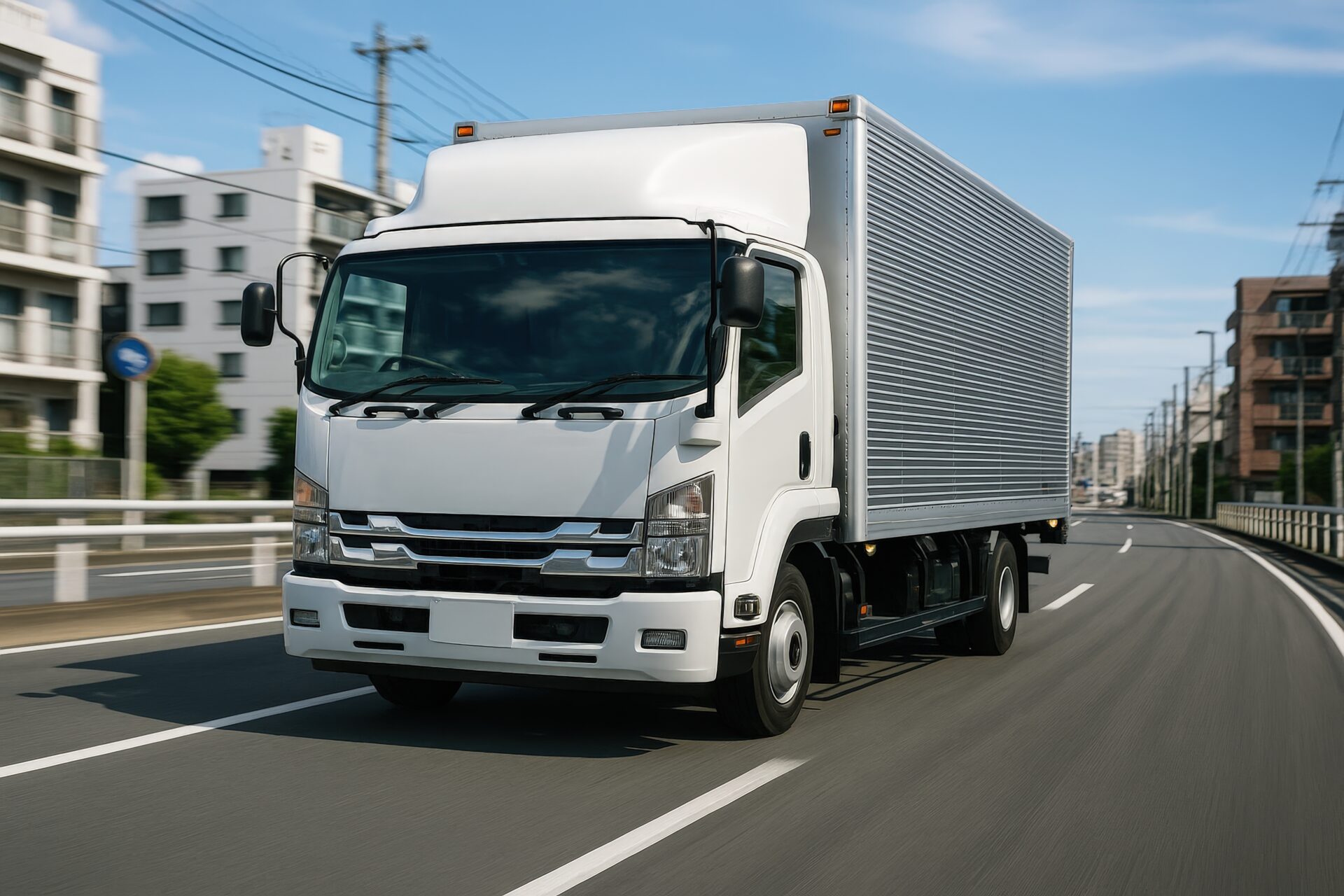 晴天の都市道路を走る白い中型トラック