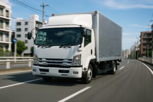 晴天の都市道路を走る白い中型トラック