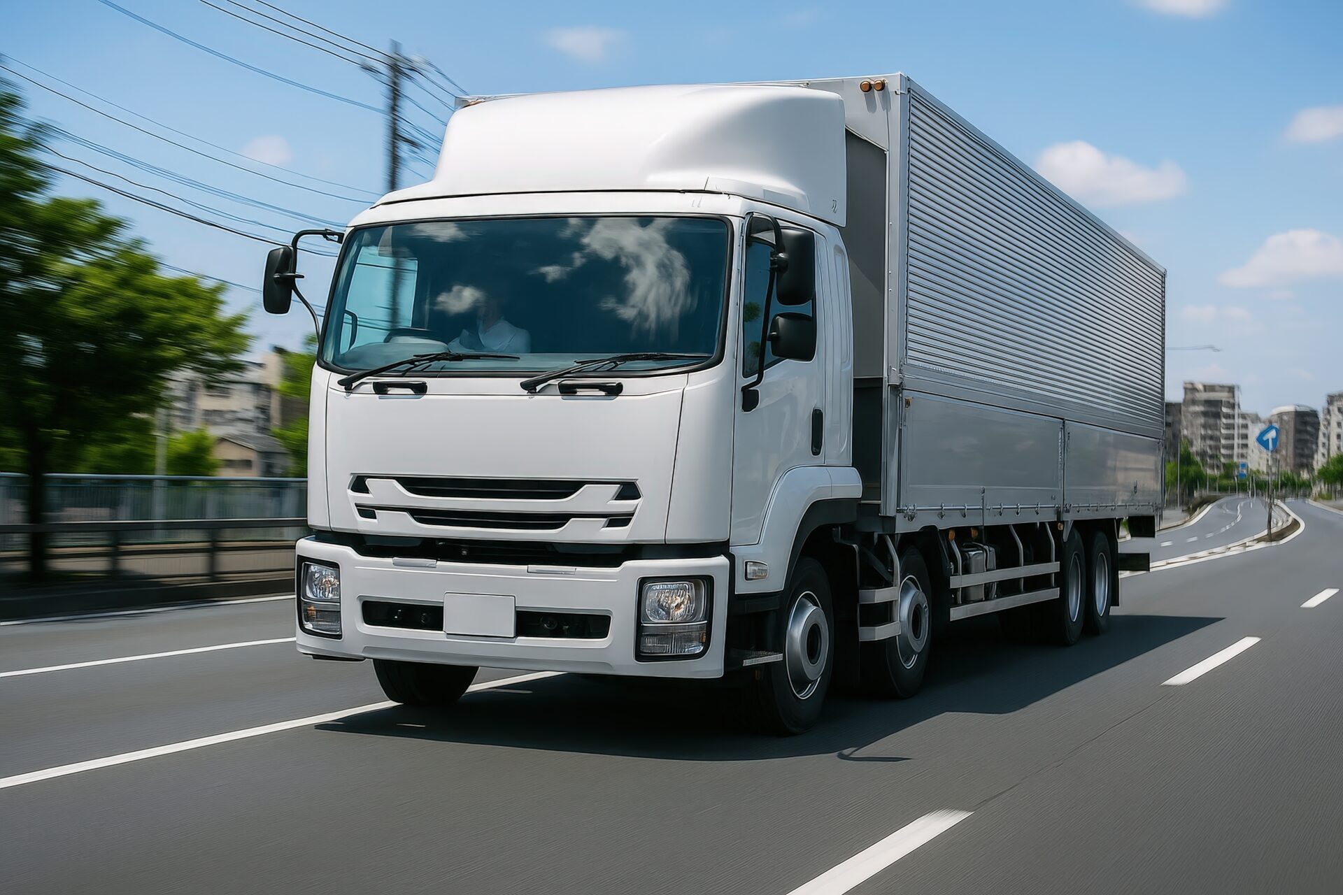 大型道路を走行する白い貨物トラック