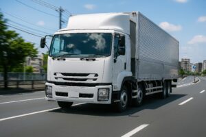 大型道路を走行する白い貨物トラック