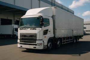 倉庫前を走る白い大型商用トラック