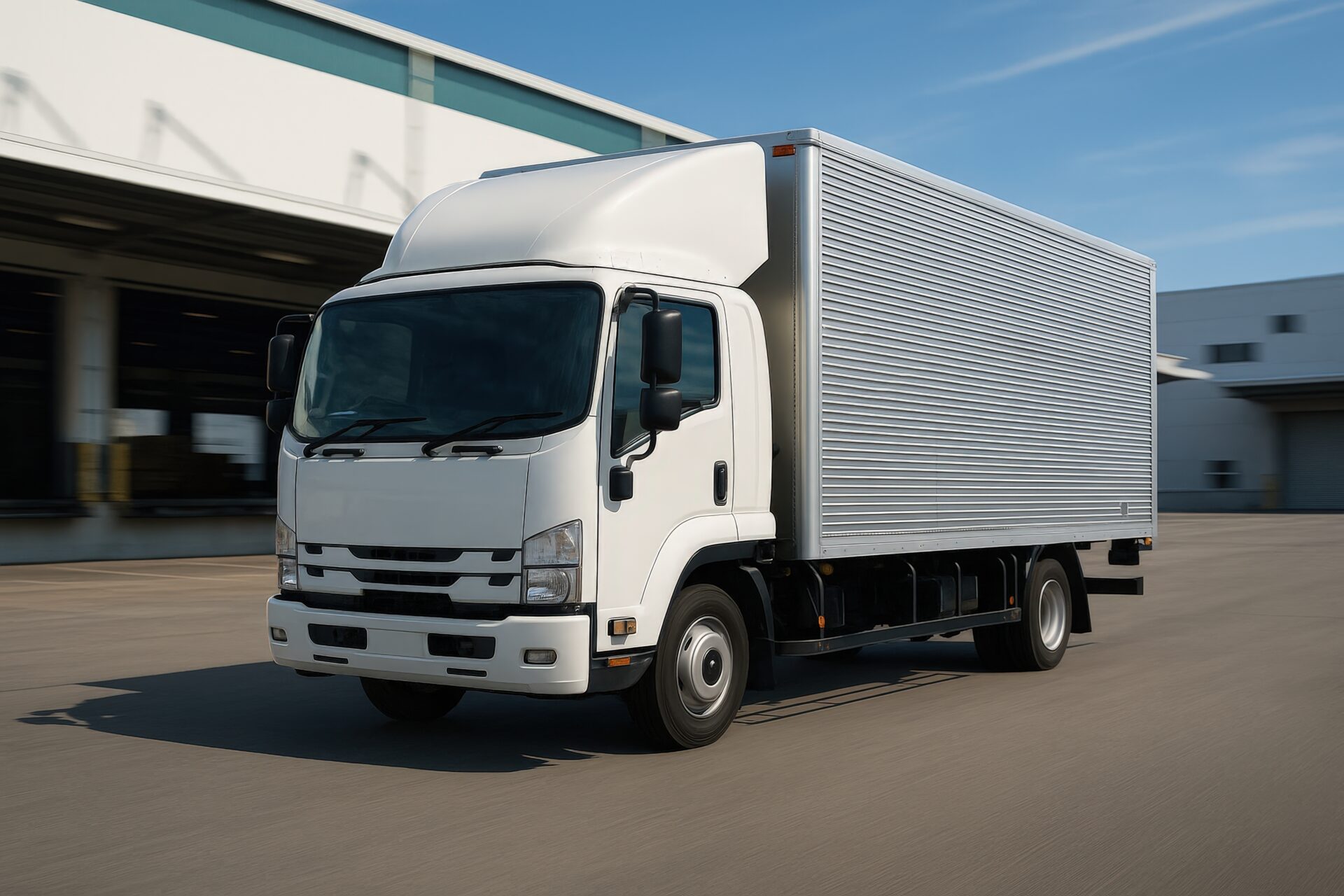 倉庫前を走る白い中型トラック