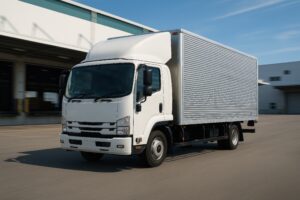 倉庫前を走る白い中型トラック