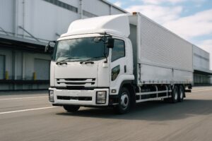 物流施設の前を走行する白い大型トラック
